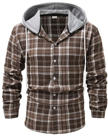 Lay U Home Männer Plaid Long-Sleeved Männer Hooded Shirt Braun gebürstet Casual Shirt Männer Casual Geschäfts Arbeit Hemd