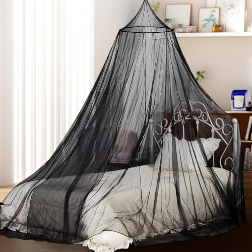 FFTANXS Zanzariera Letto, 0.6 * 2.5 * 10.5m Baldacchino per letto Bimbi/matrimoniale/Singolo con Kit completo per sospensione, Zanzariera campeggio Universale Cupola, Nero