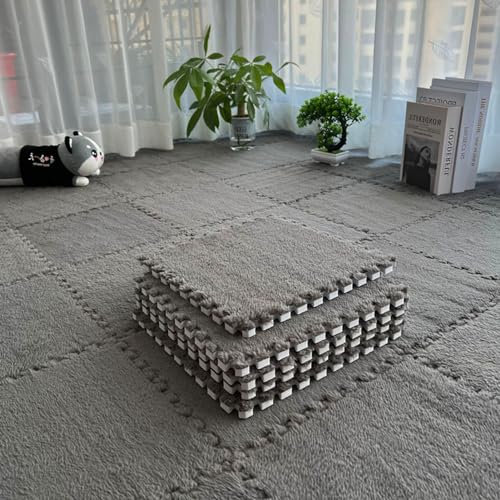 LXXW Plush Floor Tiles Mat Foam Interlocking Floor Mat, 10 Pieces Foam Puzzle Mat, Soft Plush Carpet Tiles, Plush Area Rugs Interlocking carpet tiles(Grey,1cm)