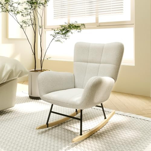Schaukelstühle für Erwachsene, Teddy Fleece Kinderzimmer Schaukelstuhl entspannende Liegestuhl mit Massivholz Beinen hohe zurück Lounge-Stühle für Balkon Wohnzimmer Schlafzimmer (6 Gitternetze)