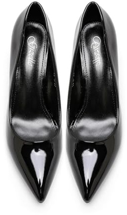 Gizelle Damen Büroarbeitsschuhe Damen Mittelhoher Absatz Spitz zulaufender Zehenbereich Party-Hochzeitspumps für Frauen UK, schwarzer lack, 41 EU