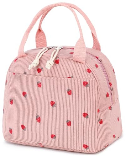 EDLMKM Pink Insulated Lunch Bag Cute Cool Bag, Strawberry Kids Lunch Bags, Cooler Tote Large Box for Girls Women, Foldable Picnic Handbag for Work, Picnic, Camping, School, with Insulated Liner