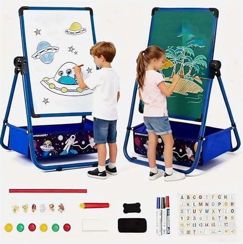 Siairo Kinderstaffelei, Kinder Staffelei Magnetische Kreidetafel & Whiteboard, Höhenverstellbar 29.5inch-44inch, 360 Grad Drehbare Kreidetafel, Geschenk für Kinder, Blau