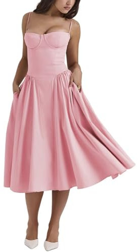 Shuanghao Chic et Elegant Femme d'été Robe à sans Manches Bretelles Spaghetti Corset Sexy Longue Taille Slim Fit Robes Casual A Line Swing Sun Jupe avec Poches Fête Plage Soirée Midi Robe Rose M