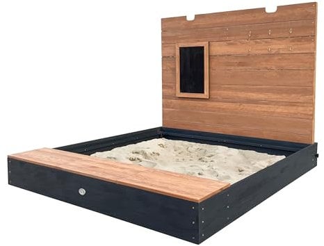AXI Mandy XXL Sandkasten aus Holz mit Sitzbank, Stauraum, Deckel & Kreidetafel | Sandkasten in Anthrazit & Braun inklusive Bodeplane | 160 x 151 x 122,5 cm