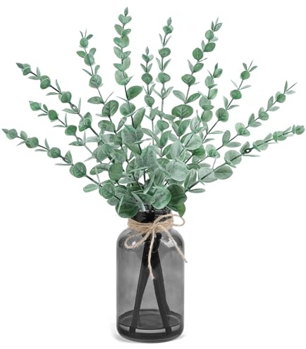 Der Rose 37 cm Künstliche Eukalyptus Deko mit Glasvase für Tischdeko | Künstliche pflanzen wie echt Täuschend echte Eukalyptusoptik Ganzjährig frisch Fensterbank Sideboard Schlafzimmer Büro Deko