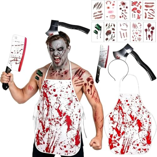 Nepturion Halloween Kostüm Herren & Damen, Realistisches Metzger Kostüm Design Horror Kostüm Metzger Set Gruselig: Blutschürze, Messer, Messer-Stirnband, Tattoos