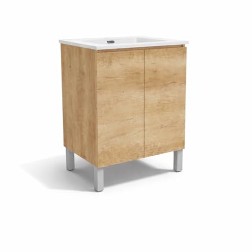 Baikal Mueble de Baño Nook. Mueble MONTADO. 60cm Nature 2 Puertas. Cierre Amortiguado. Patas Cromadas. Armario de Baño. Incluye Lavabo Ceramico