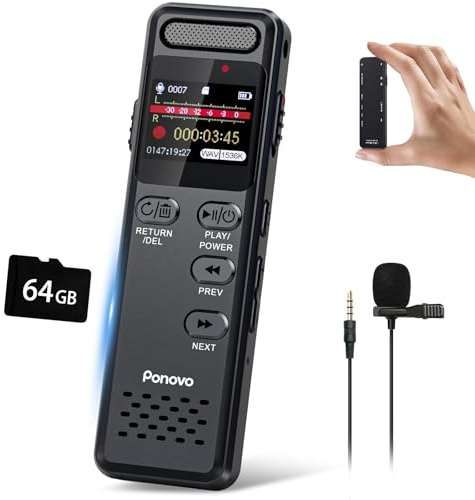 80Go Enregistreur Vocal Numérique, Ponovo 100H Enregistrement Continu Dictaphone Audio 1536Kbps Activation Vocale avec Micro, 1100mAh Mini Enregistreur Portable avec Mot de Passe pour Interview Class