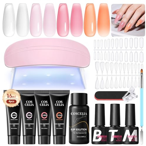 COSCELIA Poly Nail Gel Nägel Set, 4 Farben Nagelset Gelnägel Starterset mit UV Lampe, 1 Base Coat& 2 Top Coat Starter Nail Art Nageldesign, Poly Extension Gel Sets Geschenk für Fragen