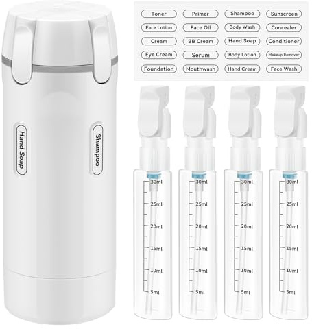 4 in 1 Travel Dispenser, 4pcs 30ml Refillable Travel Bottles for Toiletries | Leakproof Portable Container with Scale & Label for Shampoo Conditioner Lotion Cream Business Flights Trips Gym Camping