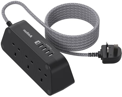 Addtam Extension Lead with USB Slots, 6 Way Outlets 5(1 USB-C& 4 USB-A), 5M | Braided Cable, 3250W Overload Protection, Surge Protected Multi Socket Black