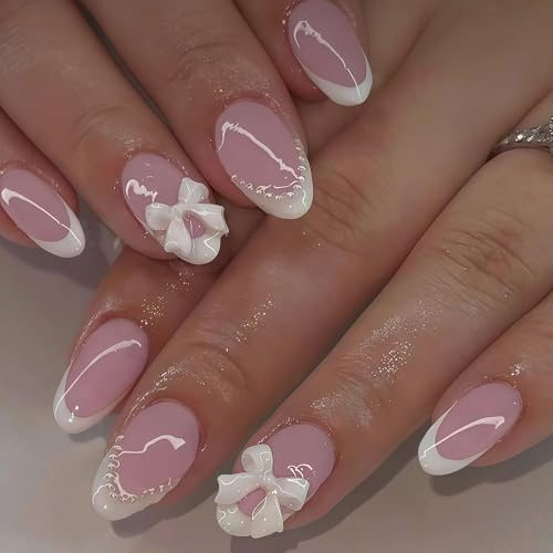 White French Tip False Nails - 24Pcs Short Almond Press On Nails – Pink Base with White French Tips & 3D Bow Accents - Full Cover Acrylic Fake Nails for Women - Stick on Nails with Glue