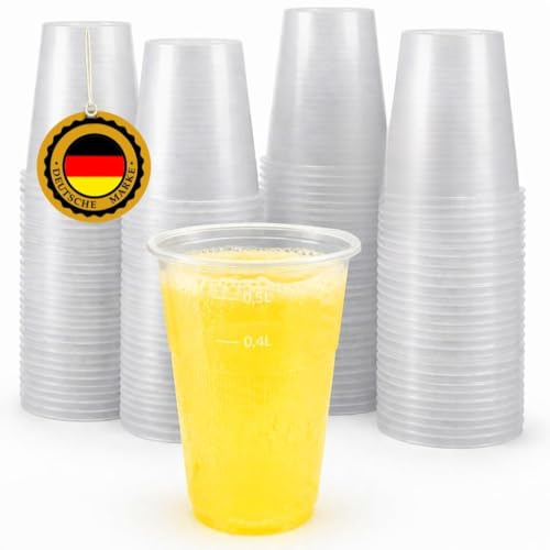 TG-GENT Transparente Plastikbecher 0,5l aus PP-Kunststoff - 200 Stück | Trinkbecher mit Eichstrich 0,5l | Ideal als Trinkbecher Einweg für Party & Gastronomie | Becher für Kaltgetränke