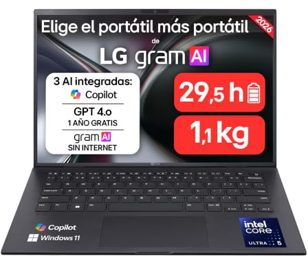 LG 14ZB90S-G.AA55BN - Ordenador Portátil gram Ultraligero de 14 Intel Core Ultra 5 115U, 1 GB RAM, 512 GB SSD, ARC Graphics, Pantalla IPS Antirreflejo, 1,120g, 29.5h, Windows 11, QWERTY ES, Negro