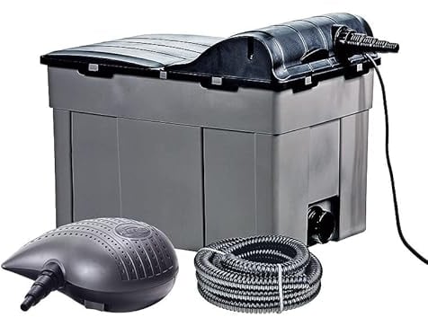Heissner FPU16000-00 Mehrkammer-Teichfilter 60 x 40 cm mit integriertem 11 Watt UVC-Teichklärer, inklusiv Filterpumpe mit 10 mm Körnung