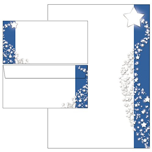 Weihnachten Sterne auf blauem Banner Set 50-teilig 25 Blatt Briefpapier + 25 Stück Briefumschläge DIN lang ohne Fenster 5855+6855