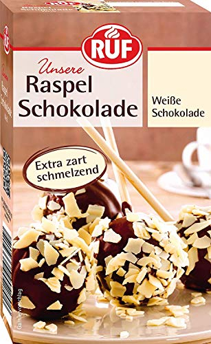 RUF Weiße Raspel-Schokolade, hauchdünn geraspelte weiße Schokolade, Schoko-Raspeln zartschmelzend für Kuchen, Torten, Muffins & Eis, glutenfrei