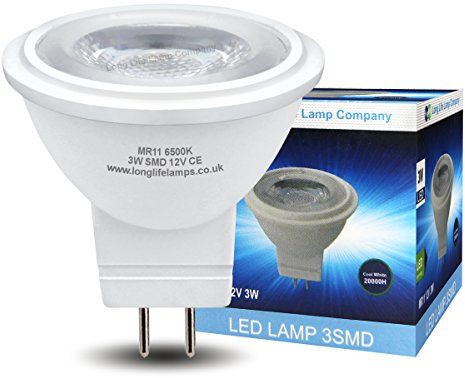 Long Life Lamp Company 2 x 3w 12v LED MR11 35mm Light Bulb Cool White Replacement for Small Spotlight
