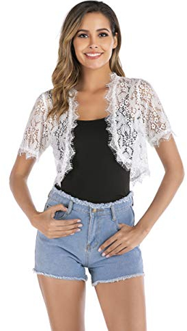 Boléro Femme Dentelle Gilet Court Mariage Manche Courte Elégant Veste Ouverte Chic pour Robe Bretelle, Blanc, S