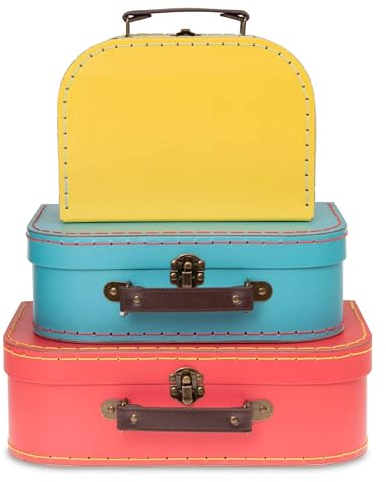 Jewelkeeper - Pappkoffer, Satz von 3 - Storage Geschenkboxen für Geburtstag, Hochzeit, Kinderzimmer, Büro Dekoration, Displays, Spielzeug, Fotos - Rot, Türkis und Gelb Aufbewahrungsboxen