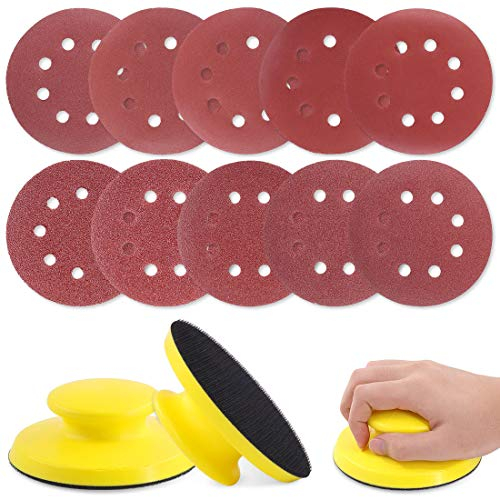 Glarks 62Pcs 5 Inch Hook and Loop Hand Sanding Block Round Sanding Pad Backing Plate with 60Pcs 8 Hole Hook and Loop Sanding Disc Set for Craft, Woodworking, Furniture Repairing