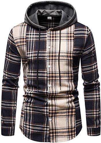 Sweat à Capuche Homme Chemise Carreaux avec Poche Poitrine Épissage Manches Longues (Beige Épissure-A111, S)