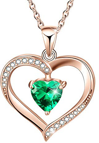 Esberry Forever Love Heart Necklace 18K Gold Plated 925 Sterling Silver Birthstone Pendant Necklace with 5A Cubic Zirconia Birthday Gifts for Women and Girls (Rose Gold-May-Emerald)