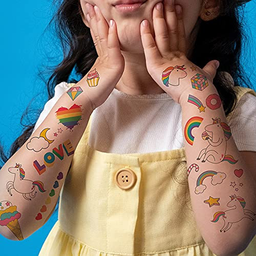 Everjoy 25+ Designs Realistische wasserdichte gefälschte temporäre Tattoo-Aufkleber – Regenbogen, Liebe, Einhorn, Gastgeschenke, Geburtstagsdekorationen und Geschenke für Kinder
