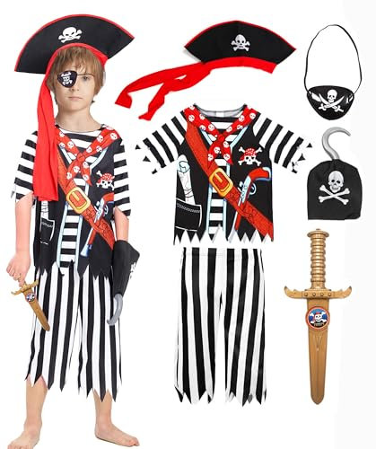 IKALI Piratenkostüm Kinder, Junge Pirat Kostüm Caribbean Buccaneer Fancy Kleid Outfit für Fasching Karneval Party 8-10 Jahre