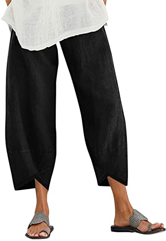 ZANZEA Damen Freizeithose Baumwolle Leinen Kurze Hose Loose Fit Gerade Elastische Taille Chinohose mit Tasche Schwarz 5XL