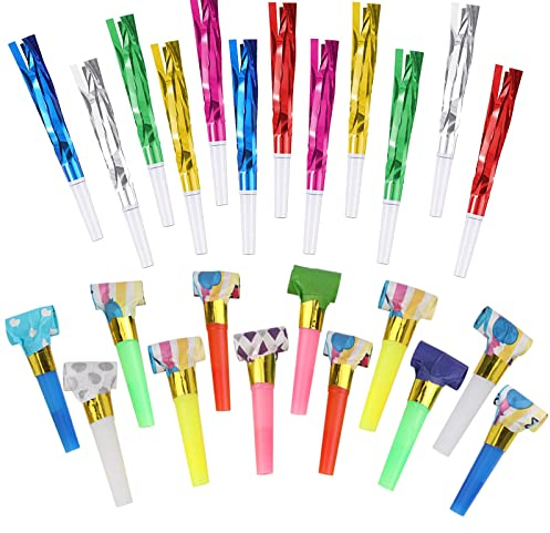 24 STÜCKE, Party Krachmacher Set –2 Stile, Lustige Papier Blasen, Bunte Metall Blasen mit Glitzerfransen, Fiesta Dekorationen, Partyzubehör für Neujahr, Geburtstag, Kinderparty