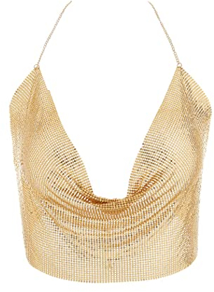 IYOU Funkelnd Metall Körperkette Gold Paillette Weste-Crop-Tops Tiefe V-Kette Halfter Rückenfreies Oberteil Nachtclub Gruppe Körper Nutzbar machen Zubehör zum Frau und Mädchen