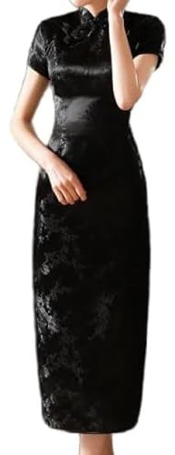 VAAX Chinesische Qipao, Satin National Cheongsam Kleid Kurzarm Schlankes Maxikleid Jacquard-Blumen-Qipao-Kleid Elegant Plus Größe Sexy Cocktail-Abend-Hochzeitskleid Für Mädchen Braut
