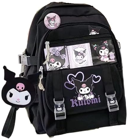 Edles Elves Rucksack Schultasche mit seitlichem Pokect groß geeignet für Jungen Mädchen Wandern Camping Picknick (schwarz, Puppe, Karte, Abzeichen), Schwarz