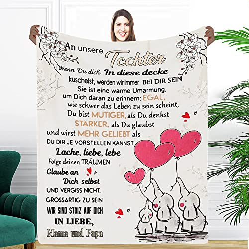 PJLJC Personalisierte Flanelldecke An unsere Tochter von Eltern, Deutsche Papa und Mama für Tochter Briefdecke Positiv Ermutigen Flauschige Wohndecke Geburtstag Weihnachts Geschenk