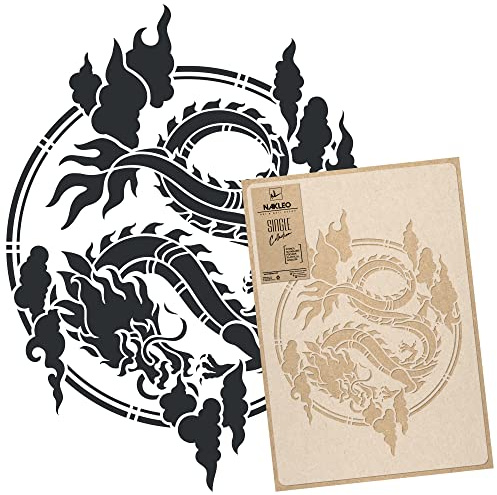 NAKLEO Pochoir pour Peinture Murale Grand Format 59x95cm, Modèle en Plastique et Réutilisable, Cercle Dragon Chinois, DIY Bricolage Artisanat Décoration a Peindre, Bois Tissu Mueble