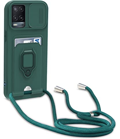yanasuo Schiebe Kameraschutz Silikon Handykette Hülle kompatibel mit Oppo A54 4G/A16/A16S/A55/A53S 5G, Metall Ring Halter Handy Cover,Verstellbarer Halskette Handyhülle-Dunkel Grün
