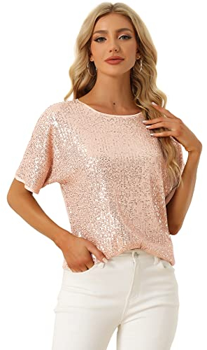 Allegra K Damen Festliches Oberteil Pailletten Oberteile Kurzarm Rund Halsausschnitt Party Glitzer Top Champagner XL