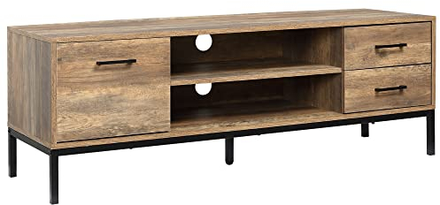 HOMCOM TV-Schrank, Fernsehschrank mit 2 Fächern, 2 Schubladen, Schrank, TV Board mit Kabelöffnung, TV Kommode für TV-Geräte bis zu 50 Zoll, TV Bank für Wohnzimmer, Metall, Kaffee, 132 x 39 x 45,5 cm