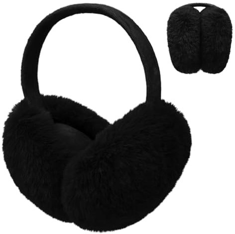 Justay Comf Faltbare Ohrenschützer Frauen Weiche Thermische Flauschige Kunstpelz Ohrenwärmer Ohrenschützer Kopfbedeckung Zubehör Schutz vor Wind Damen Geschenk für Winter Outdoor Weihnachten,Schwarz