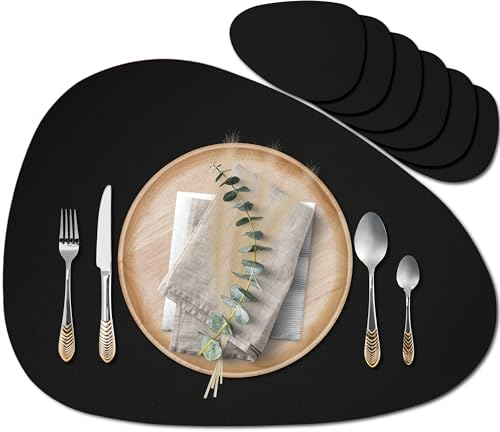 Mahewa® 6er Set Premium Tischset aus Kunstleder - Platzset abwaschbar und wasserdicht - Platzdeckchen Telleruntersetzer in Lederoptik (Schwarz, Oval)