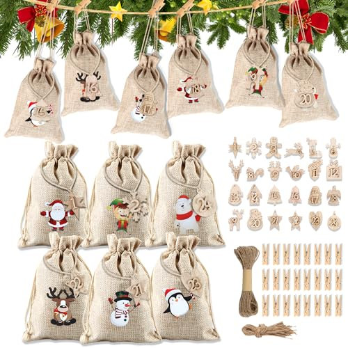 Adventskalender zum Befüllen, 24 Stk Adventskalender Selber Befüllen Kinder, Jutesäckchen Stoffsäckchen Selbst Befüllen, 2023 Weihnachtskalender Jute Beutel Aufhängen für Männer, Frauen (3-B)