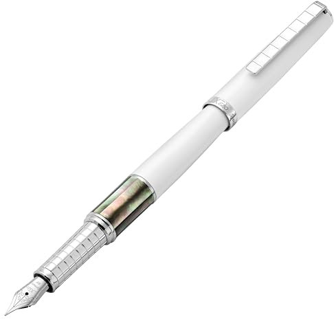 Xezo Speed Master Füllfederhalter, Extra Feine Feder. Matt Weiße Farbe mit Tahitianischer Schwarzer Perlmutter. Verchromt. Leichter Messingkörper. Keiner gleicht dem Anderen
