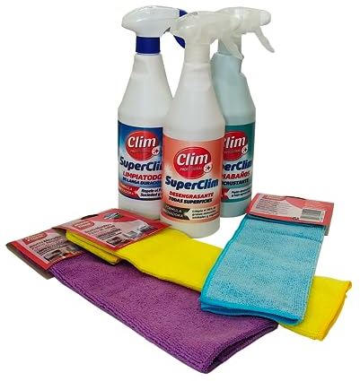 Clim Profesional Set Limpieza Completa SuperClim | Multiusos Mágico, Desengrasante y Limpia Baños | Uso Profesional y diario | 3 Botellas Pulverizadoras 750 ml + 3 Bayetas