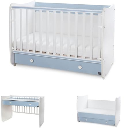 Lorelli Babybett Dream 60 x 120 cm umbaubar Schreibtisch Kinderbett Schaukelbett weiß blau