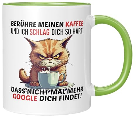 TassenTicker TASSENTICKER - Berühre meinen Kaffee und ich schlag dich so hart - Becher für die Arbeit - Büro - Job - Arbeitskollegen - Geschenk - launisch - Katze - Grün