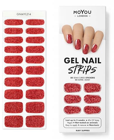 MOYOU LONDON Halbgehärtete UV Gel Strips - 20 Stück - Gel-Nagelfolien UV Härtend für Maniküre in Salonqualität - Ruby Slippers