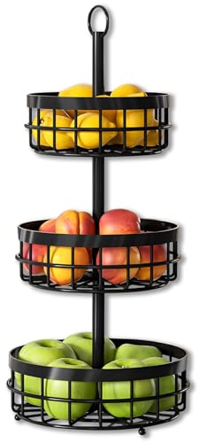 MaxEarn 3 Etagen Obstkorb, Runde Obst Etagere, Tragbarer Metall Abnehmbarer Gemüseregale, Große Kapazität Aufbewahrungshalter für Zuhause, Küche, Badezimmer, Büro