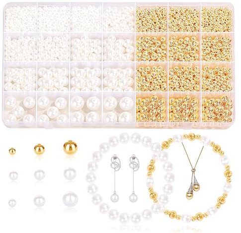 Bastelperlen zum Auffädeln, 1200 Stück Gold Weiß Runde Perlen mit Loch zum Basteln 4/6/8/10/12mm Perlenset Schmuckperlen Abstandsperlen für Basteln Schmuckherstellung